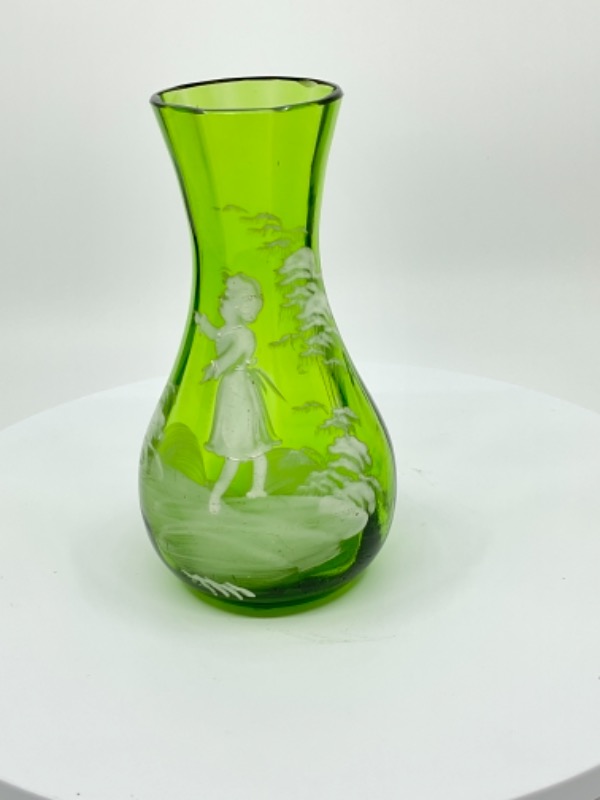 그린 글라스 핸드페인트 &quot;메리 그레고리&quot; 스몰 베이스 Green &quot;Mary Gregory&quot; Small Vase