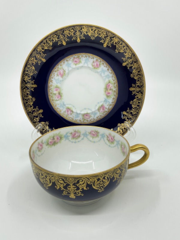하빌랜드 리모지 골드 도금 코발트 블루 W 프로럴 컵 &amp; 소서 Haviland Limoges Gold Gilded Cobalt w/ Floral Cup &amp; Saucer circa 1900