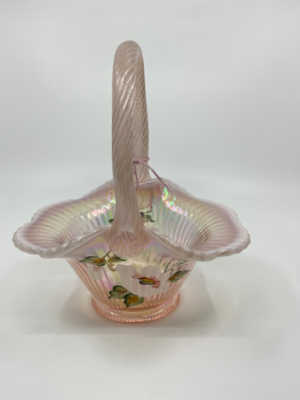 펜톤 핑크 오팔레슨 아트 글라스 핸드페인트 바스켓-서명 빌 펜톤- Fenton Pink Opalescent Art Glass Basket Hand Painted 1996 - Signed by Bill Fenton