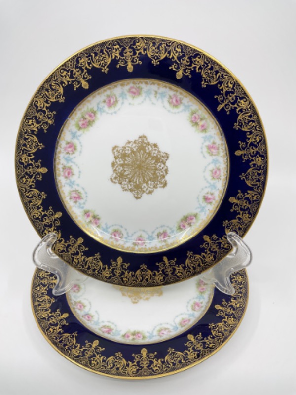 하빌랜드 리모지 골드 도금 코발트 블루 W 프로럴 셀러드 플레이트 Haviland Limoges Gold Gilded Cobalt w/ Floral Salad Plate circa 1900