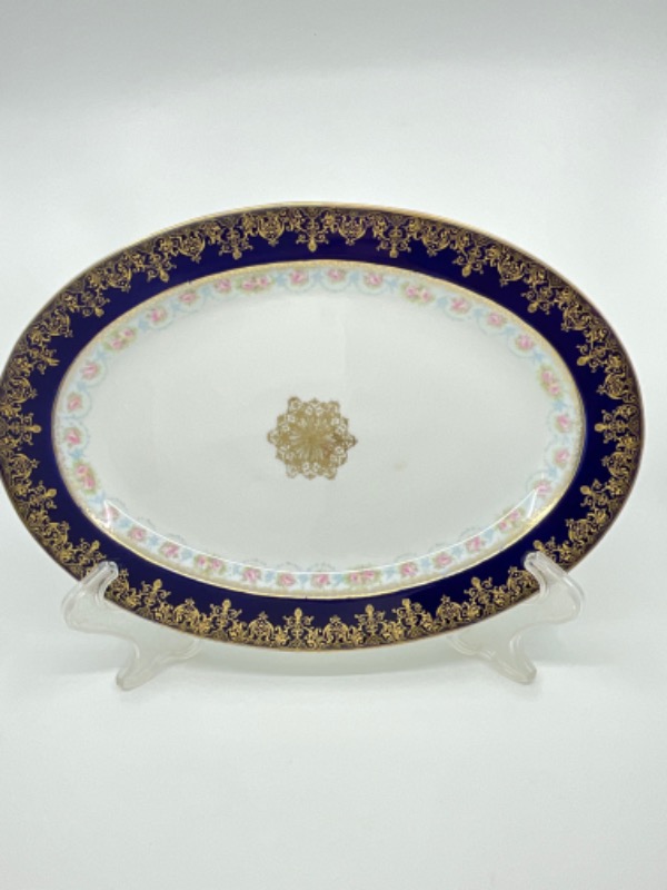 하빌랜드 리모지 골드 도금 코발트 블루 W 프로럴 서빙 플레터 Haviland Limoges Gold Gilded Cobalt w/ Floral Serving Platter circa 1900