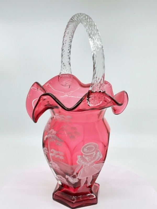 펜톤 크랜베리 아트 글라스 핸드페인트 &quot;메리 그레고리&quot; 바스켓 Fenton Cranberry Art Glass &quot;Mary Gregory&quot; Basket