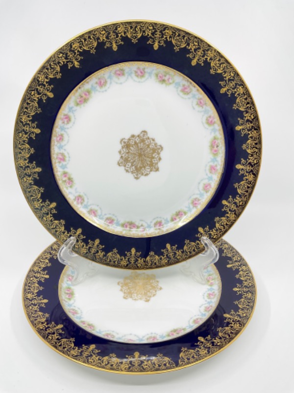 하빌랜드 리모지 골드 도금 코발트 블루 W 프로럴 디너 플레이트 Haviland Limoges Gold Gilded Cobalt w/ Floral Dinner Plate circa 1900