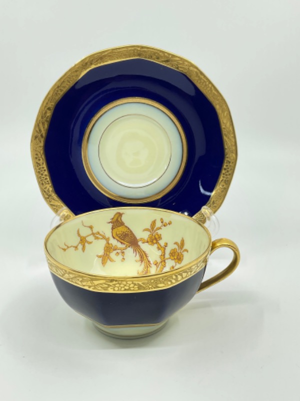 하빌랜드 리모지 금장 도금 코발트 블루 W/ 꿩 모티브 컵 &amp; 소서 Haviland Limoges Gold Gilded Cobalt w/ Pheasant Motifl Cup &amp; Saucer circa 1900