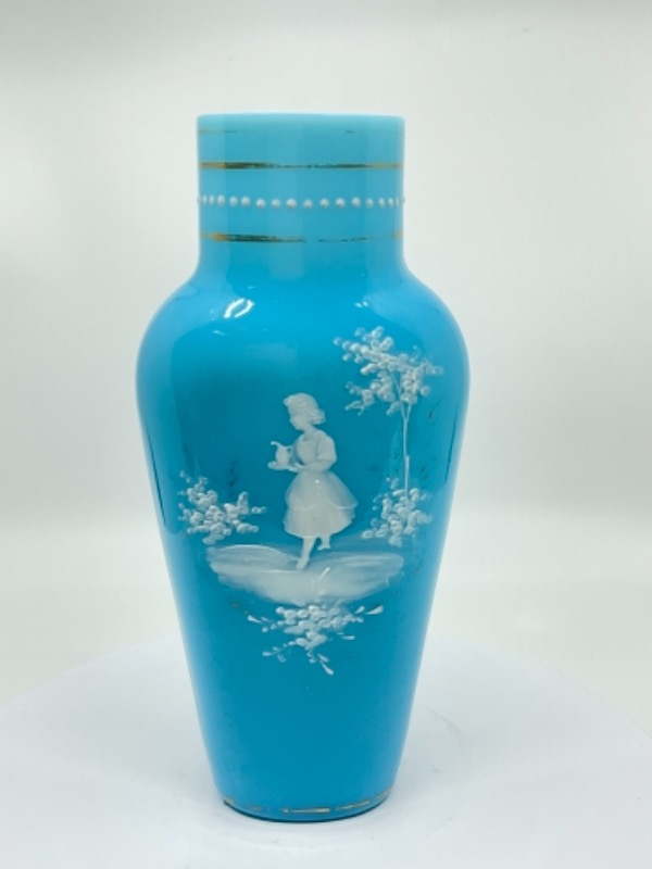 빅토리언 프랜치 블루 오팔린 핸드페인트 &quot;메리 그레고리&quot; 베이스 Victorian French Blue Opaline &quot;Mary Gregory&quot; Vase
