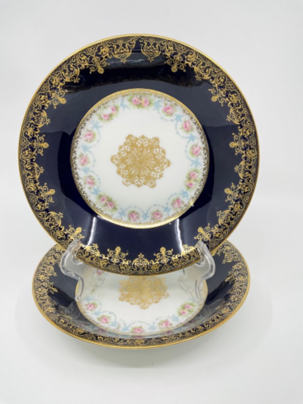 하빌랜드 리모지 골드 도금 코발트 블루 W 프로럴 스프 보울 Haviland Limoges Gold Gilded Cobalt w/ Floral Soup Bowl circa 1900