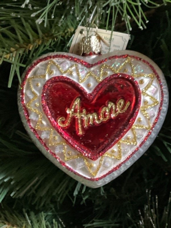 올드 월드 크리스마스 핸드 블로운 / 핸드페인트 &quot;Amore Heart&quot; 크리스마스 트리 장식 2012 Old World Christmas Hand Blown / Painted &quot;Amore Heart&quot; Christmas Tree Ornament