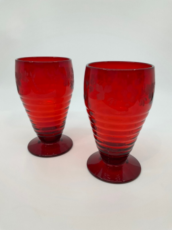앵커 호킹 레드 루비 워터 글래스 W/ 구리 바퀴 컷 디자인 Anchor Hocking Red Ruby Water Glass w/ Copperwheel Cut Design circa 1960