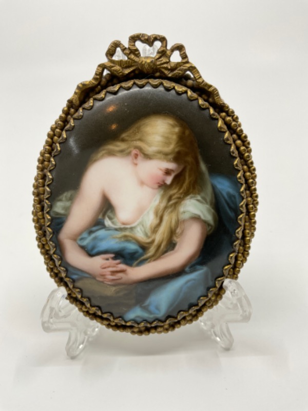 빅토리언 핸드페인트 미니 초상화 온 도자기 Victorian Hand Painted Mini Portrait on Porcelain in Original Frame circa 1880