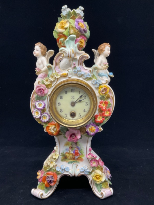 Carl Thieme 드레스덴 도자기 핸드페인트 천사와 꽃이 적용된 시계-있는 그대로-데미지- Carl Thieme Dresden Porcelain Hand Painted Clock with applied cherubs and flowers circa 1900 - AS IS