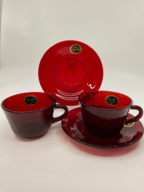앵커 호킹 루비 레드 컵 &amp; 소서-오리지널 라벨- Anchor Hocking Ruby Red Cup &amp; Saucer circa 1950 - Original Foil Labels!!!