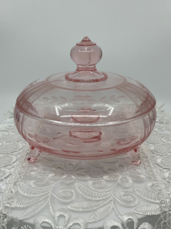 핑크 디프레션 글래스 카퍼휠 컷 커버 디쉬 Pink Depression Glass Copperwheel Cut Covered Dish circa 1950