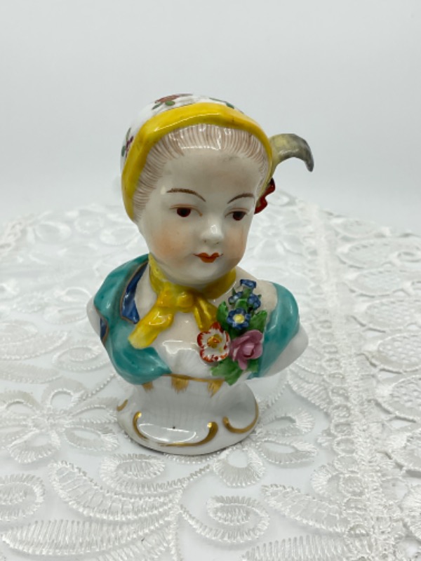 19th C Hand Painted Small Bust Figurine w/ Applied Flowers and Feather
