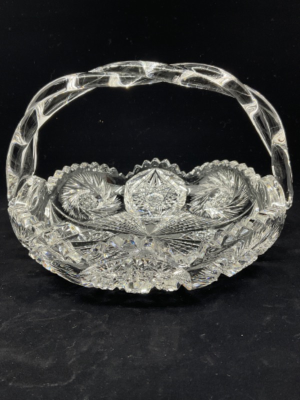 찬란한 시대의 핸드 컷 글래스 보울 W/ 적용된 꼬아진 핸들-매우 귀한- Brilliant Period Hand Cut Glass Bowl w/ Applied Braided Handle circa 1900 -  RARE