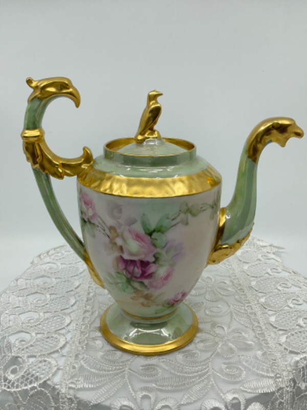 Ahrenfeldt 리모지 핸드페인트 프로럴 W/ 이집션 리바이볼 커피 팟-매우 귀한- Ahrenfeldt Limoges Hand Painted Egyptian Revival Coffee Pot circa 1900 - RARE !!!