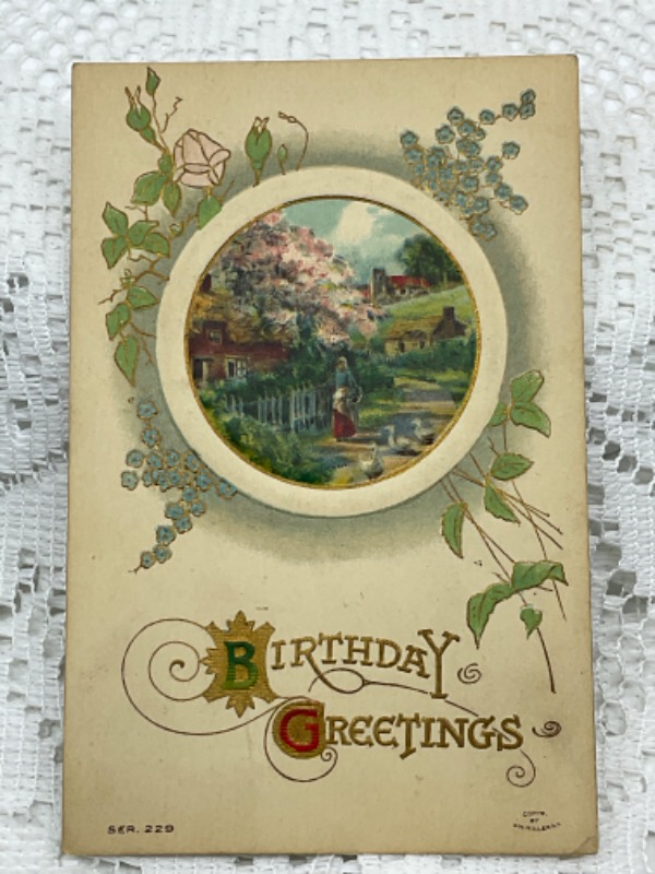 앤틱 그림 엽서 -생일 카드  Antique Postcard - Birthday Greetings 1910