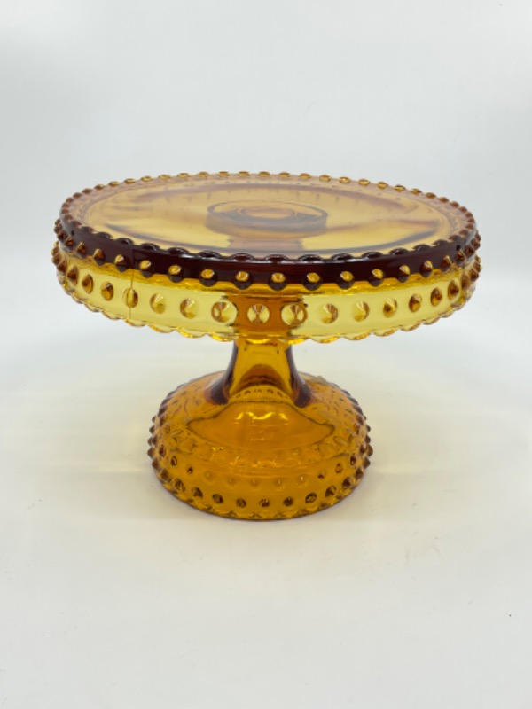 L E 스미스 글래스 스몰 앰버 합네일 패스트리 스탠드 L E Smith Glass Small Amber Hobnail Pastry Pedestal circa 1960